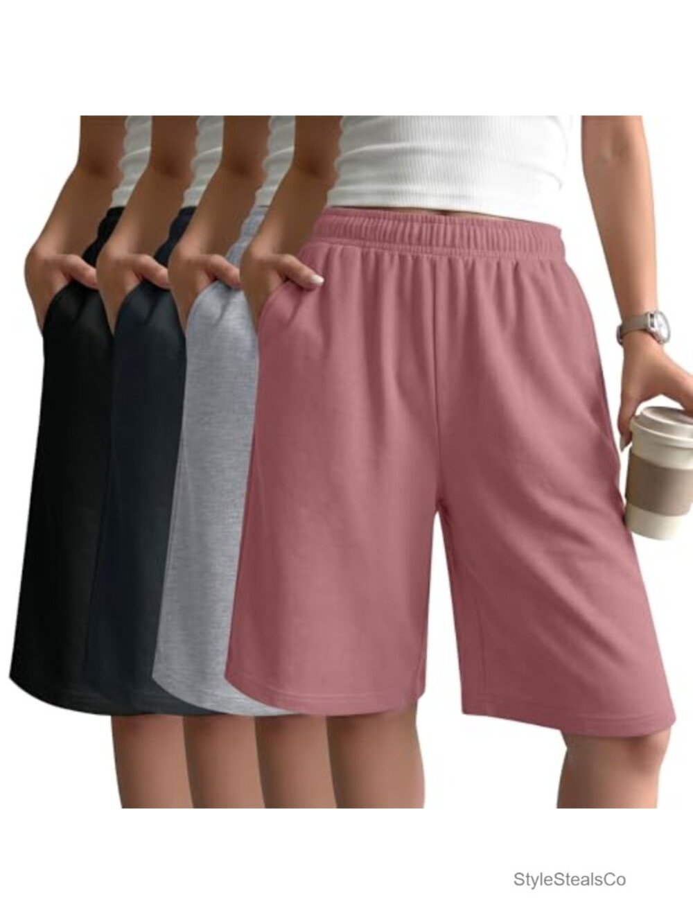 4 Pack Womens Bermuda Shorts with Pockets Drawstring Athletic